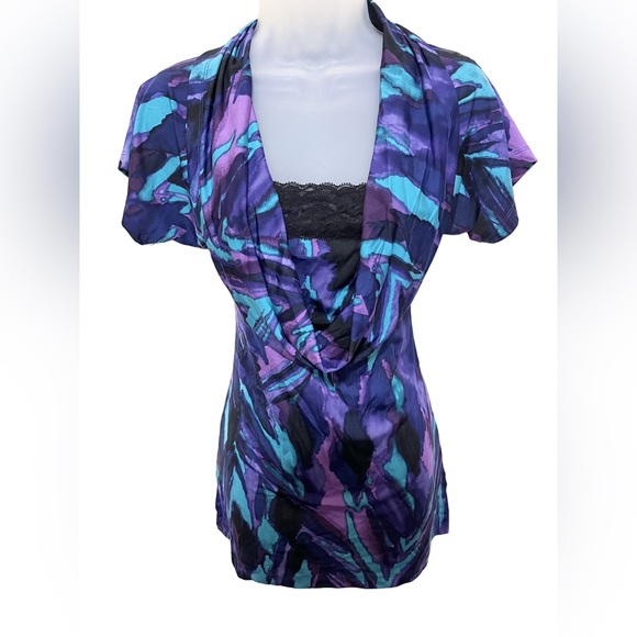 Wrapper Tops - Y2K Wrapper S Cowl Neck Abstract Blouse Short Sleeve Lace Purple Teal Grunge
